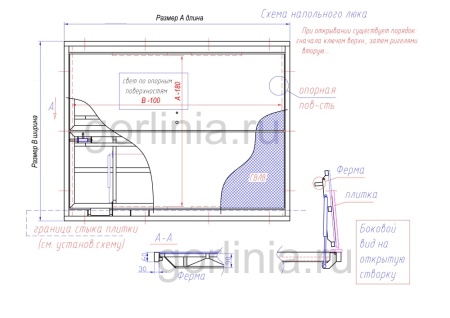 Люк напольный с петлями по противоположным сторонам двухдверный чертеж схема с размерами коробки и проемом в свету Люк напольный с петлями по противоположным сторонам двухдверный чертеж схема с размерами коробки и проемом в свету